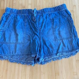 For The Republic Blue Denim Drawstring Frayed Hem Shorts